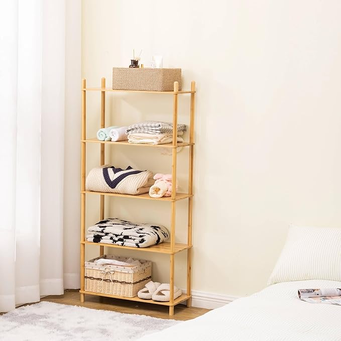 Expandable Freestanding Open Bamboo Book Shelf - No-Tool Assembly & Modular,Bathroom Storage Shelf Unit Plant Stand for Small Space, Bedroom, Living Room, Home Office (1, Natural, 5-Tier L)