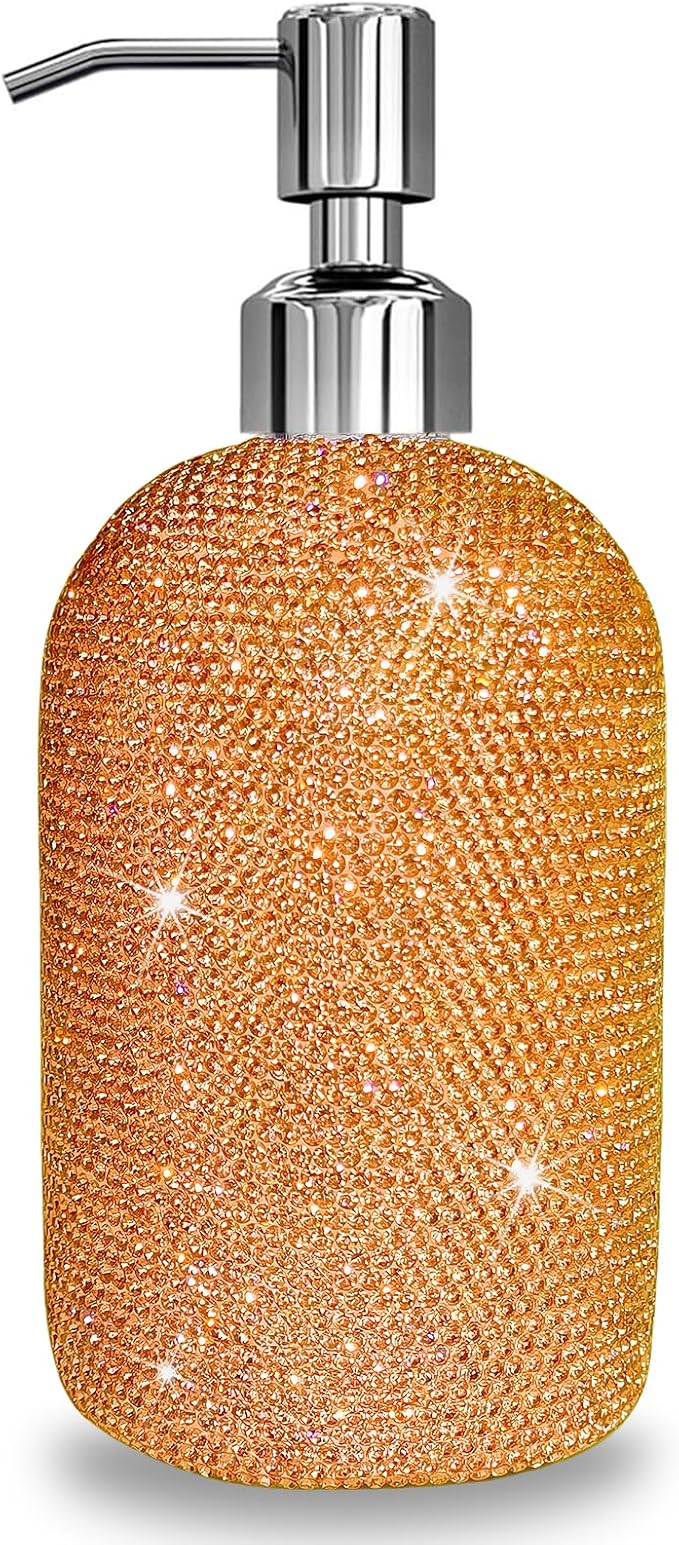 SlowVibes 18Oz Bling Gold Soap Dispenser with Rust Proof Stainless Steel Pump,Refillable Liquid Hand Wash Bottle for Bathroom Kitchen,Sparkle Decorative Shower Dispenser,Rhinestone Lotion Dispenser