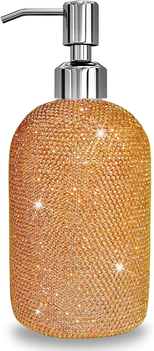 SlowVibes 18Oz Bling Gold Soap Dispenser with Rust Proof Stainless Steel Pump,Refillable Liquid Hand Wash Bottle for Bathroom Kitchen,Sparkle Decorative Shower Dispenser,Rhinestone Lotion Dispenser