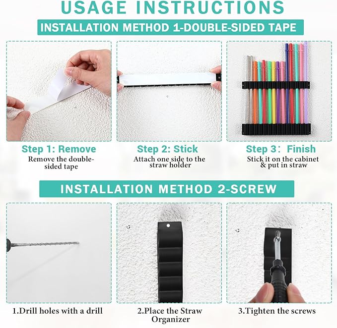 Baderke Straw Holder for Cabinet Reusable Straw Organizer with Double Sided Adhesive Tape Screws Storage Container for Kitchen Counter Cupboard(Black,Classic)