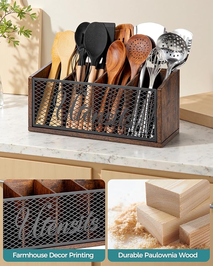 Extra Large Kitchen Utensil Holder with 4 Compartments, Wooden Cooking Utensil Holder for Counter, Farmhouse Utensil Organizer for Countertop, Spatula Holder, Rustic Kitchen Decor, Brown