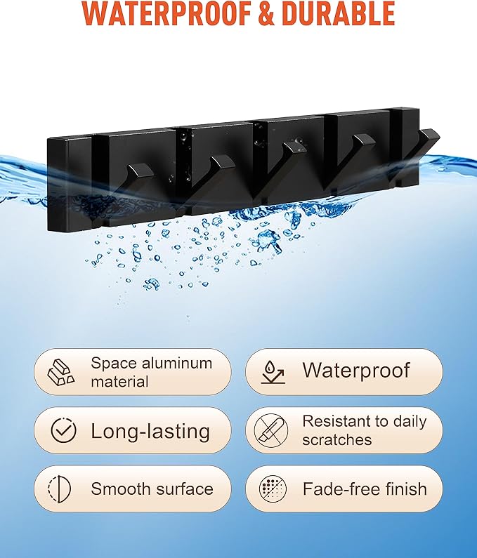 Waterproof Black Wall Hooks - 2 Pack Modern Foldable Towel Hooks for Bathrooms, Coat Hooks Wall Mounted - Stylish, Durable, and Easy to Install