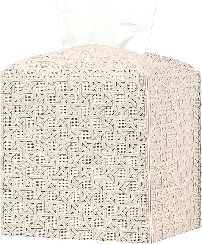 Tissue Box Cover Square PU Leather Facial Kleenex Box Cover Holder Tissue Case Cube Facial Paper Organizer Dispenser for Bathroom, Vanity Countertop, Tabletop, Car, Office Beige