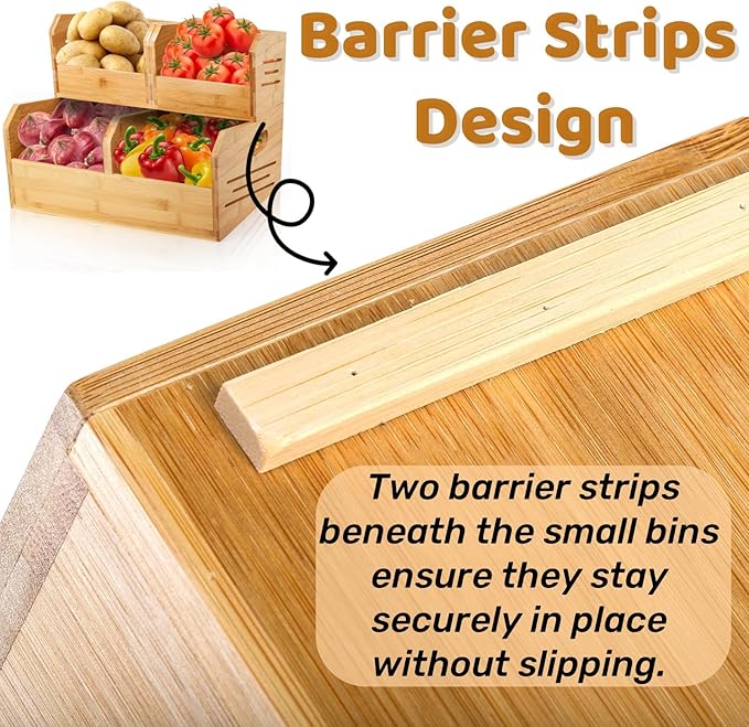 2 Tier Bamboo Stackable Storage Bins, 4 Compartment Potato and Onion Storage Baskets, Pantry Organizer Holder with Handle, Open Front Kitchen Fruit Containers for Fruit Bread Vegetable Garlic