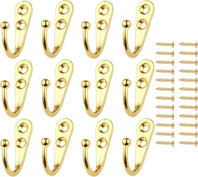 12 Pack Golden Coat Hooks Wall Mounted, Rustproof Zinc Alloy Metal Hooks for Hanging Coats, Heavy Duty Utility Key Holder Hooks with Screws for Bathroom, Entryway, Kitchen, Hat, Towel, Cup, Robe
