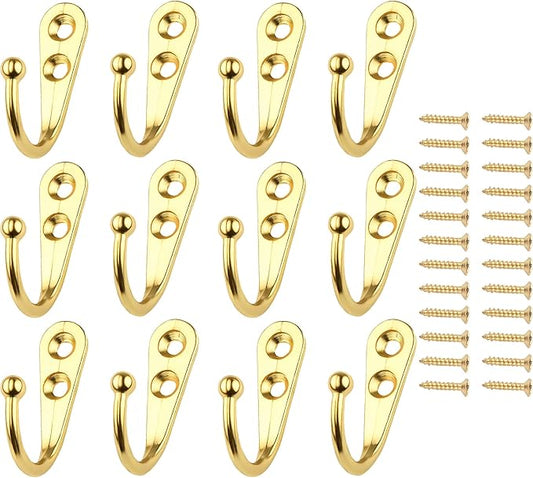 12 Pack Golden Coat Hooks Wall Mounted, Rustproof Zinc Alloy Metal Hooks for Hanging Coats, Heavy Duty Utility Key Holder Hooks with Screws for Bathroom, Entryway, Kitchen, Hat, Towel, Cup, Robe