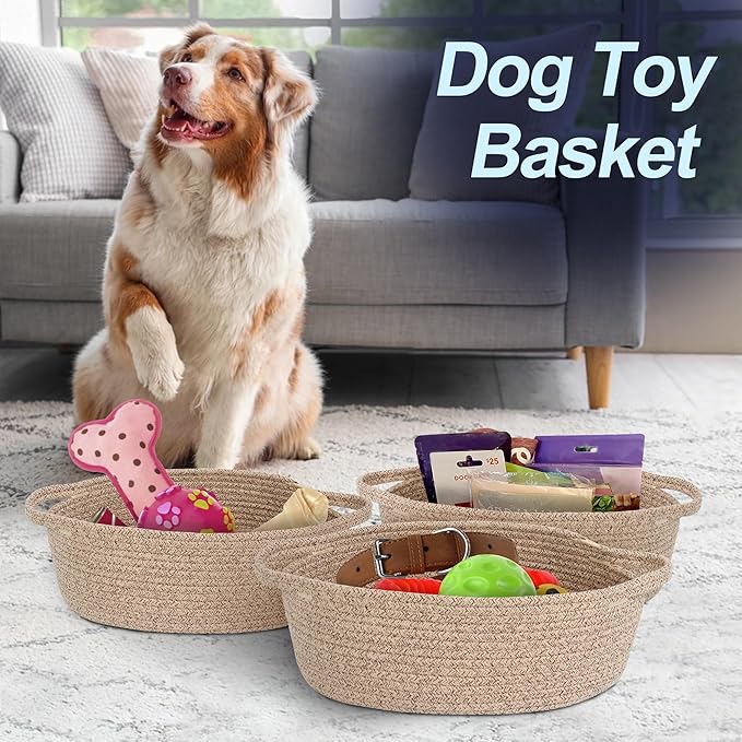 Brown Variegated Small Woven Basket, 13â x 9â x 5â Baskets for Gifts Empty, Cotton Rope Gift Basket, Cute Nursery Baby Organizer, Cat Dog Toy Bin Box, Wicker Storage Bin with Handle