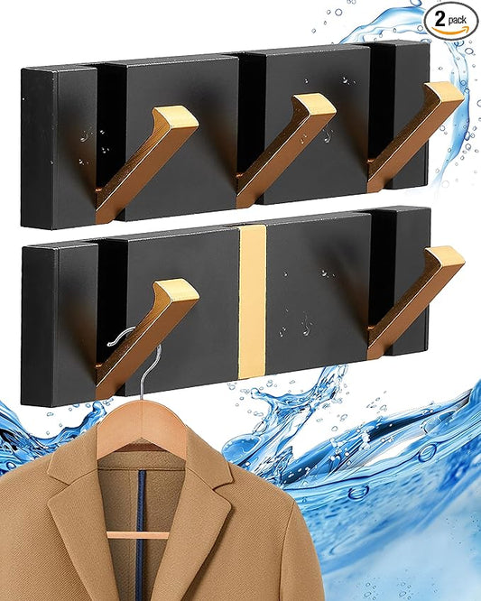 Black Gold Waterproof Wall Hooks - 2 Pack, Foldable Towel Hooks for Bathrooms, Coat Hooks Wall Mounted - Versatile Hooks for Bathroom, Kitchen, Balcony Décor