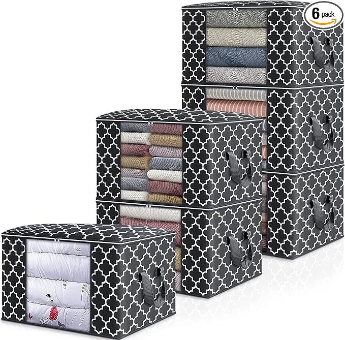 WISELIFE Storage Bags 100L 6-Pack Large Blanket Clothes Organization and Storage Containers for Bedding, Comforters, Foldable Organizer with Reinforced Handle, Clear Window, Sturdy Zippers