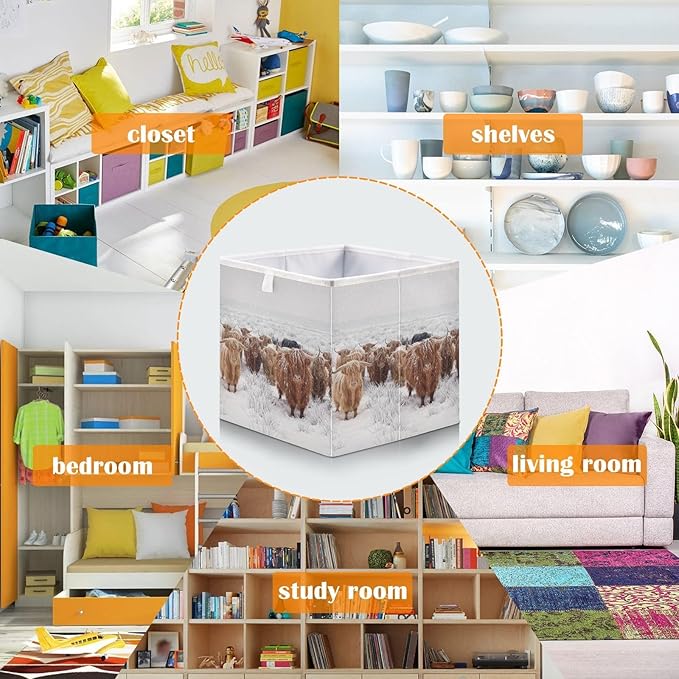 linqin Scottish Highland Cow Print Cube Storage Basket Collapsible Open Storage Bins Baby Nursery Basket Organizer with Handles for Shelves Closet Home Decor