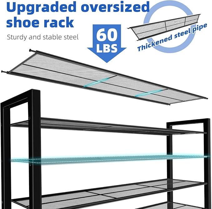 Simple Trending Shoe Rack Holds 60 Pairs, 12 Tier Shoe Organizer, Heavy Duty Large Metal Stackable Shoe Storage for Closet, Black
