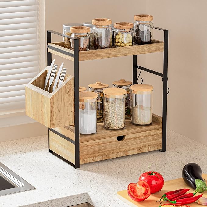 2-Tier Bathroom Counter Organizer with Drawer and Basket, Wood Countertop Organizer for Storage, Skincare Organizers for Vanity, Counter Shelf for Bathroom Organization