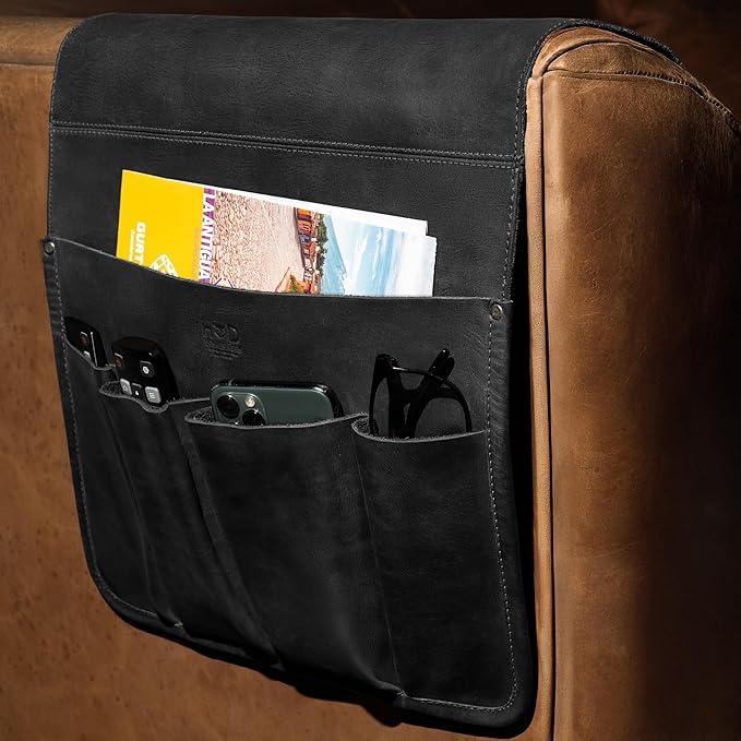 Hide & Drink, Magazine Holder for Sofa Armrest, Organizer Pouch, Armchair Caddy, Full Grain Leather, Handmade (Charcoal Black)