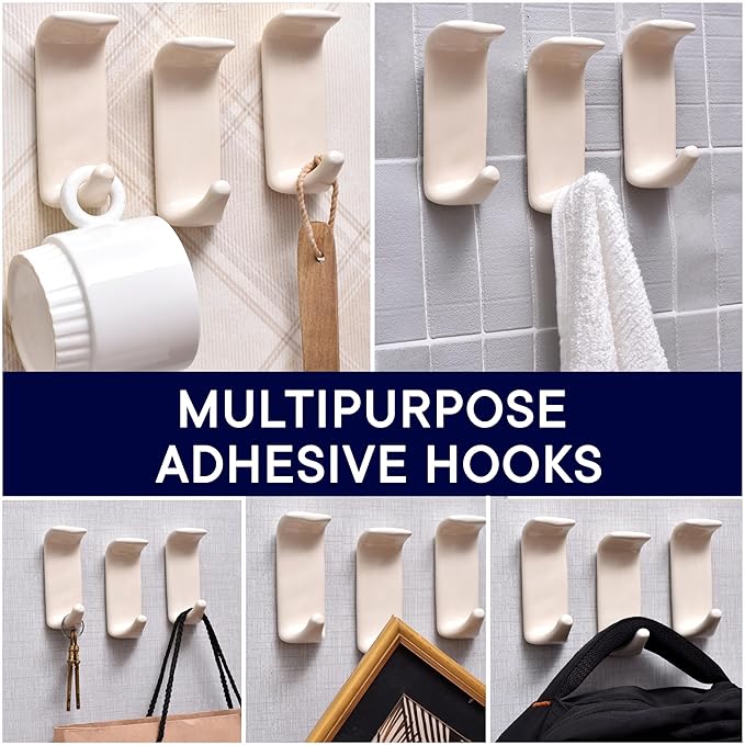 Indian Shelf Boho Ceramic Adhesive Wall Hooks - Damage-Free Decorative Blue Pottery Hangers for Keys & Towels, Renter-Friendly Stick-On Home Décor - 3 Hooks with 6 Strips(Style 5)