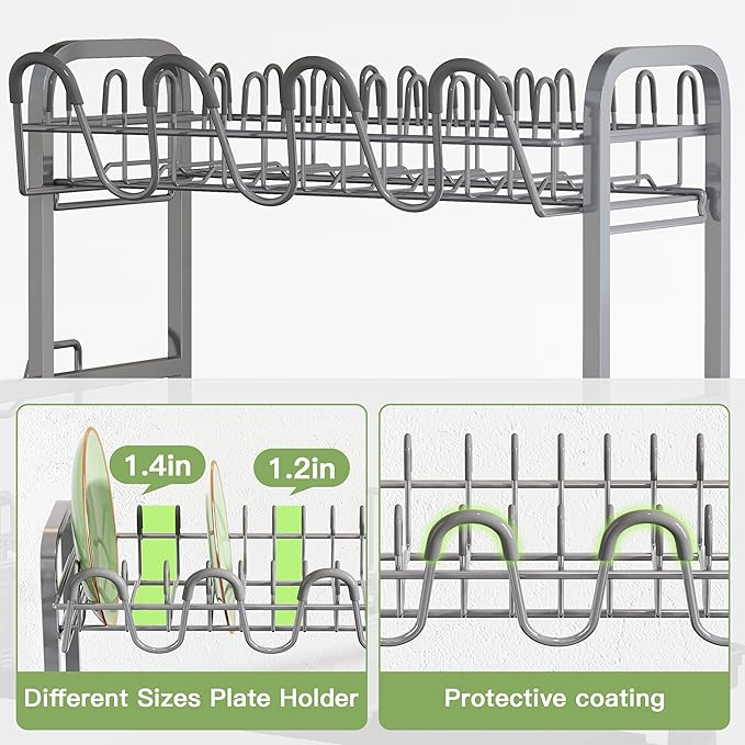 2 Tier Stainless Steel Large Capacity Dish Drainers Drying Rack for Kitchen Counter, Metal Gray Rust Proof Plate Strainers Holder On Countertop with Drainboard Tray, Space Saving, Aesthetic Modern