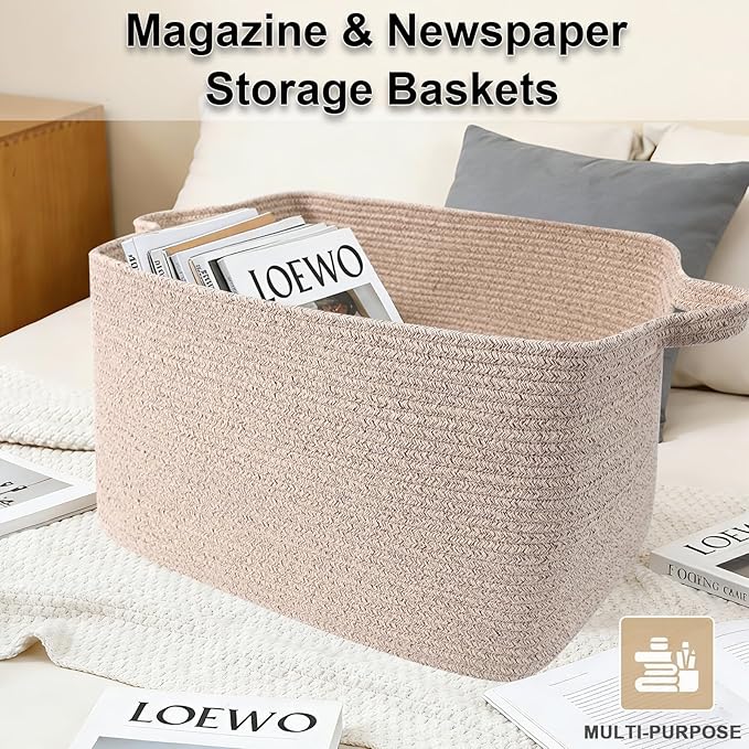 Magazine & Newspaper Baskets,Large Woven Rope Blanket Basket,24"x16"x15"Storage Bin with Handle,Toys Storage,Laundry Basket for Home Organization/Living Room/Nursery/Bedroom,Brown