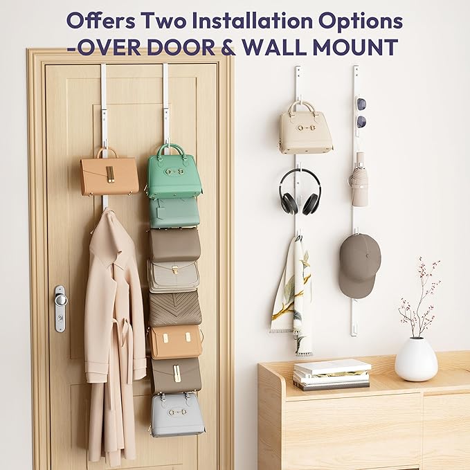 SWTYMIKI Over The Door Purse Organizer - 2 Packs Wall Mounted Purse Rack with 8 Hooks Design, Hanging Handbag Organizer Storage Holds up to 16 Bags, Bag Rack for Closet, Door (White)