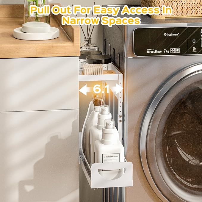 2 Tier Magnetic Storage Shelf with Pull Out Drawer, Height Adjustable Magnetic Organizer for Washing Machine & Fridge Side, No Drill Magnetic Rack for Laundry Room, Kitchen Storage (White)
