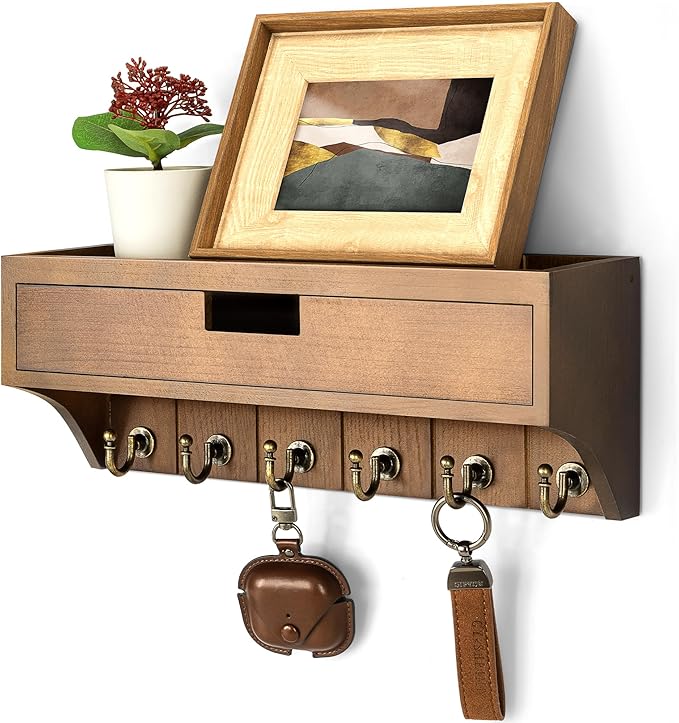 Rebee Vision Farmhouse Pine Wood Key Holder Wall Mount with Drawer Organizer – Mail Organizer with 6 Sturdy Key Hooks and Storage Drawer – Rustic Home Decor for Apartment Essentials (Brown)