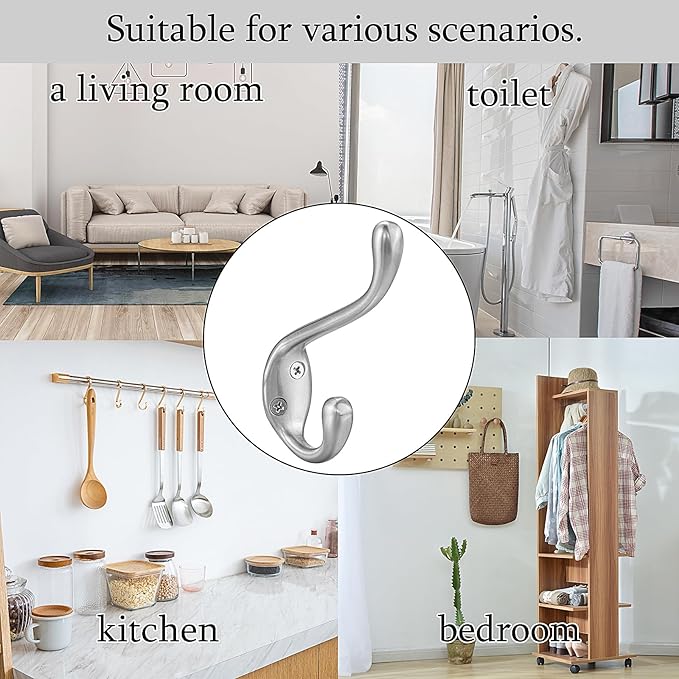 Coat Hooks 10 Pack - Heavy Duty Wall Mounted Brushed Nickel Double Hooks for Hanging Clothes/Towels - Sturdiness Design with Better Mounting System