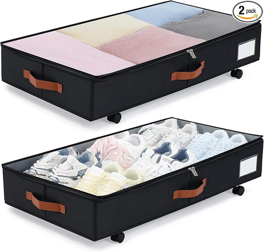 Under Bed Storage with Wheels Set of 2, Underbed Storage Container with Clear Lid Cover, 6.7 Inches Height Rolling Under Bed Drawer Storage Basket Bin Shoe Organizer for Cloth Sheet Sweater, Black