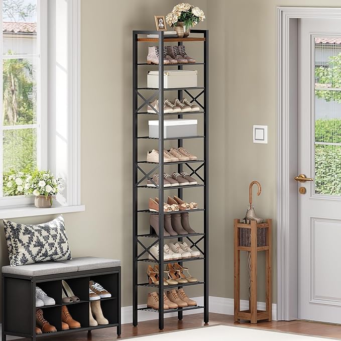 12-Tier Narrow Shoe Rack, Tall Shoe Rack for 12-24 Pairs, Slim Shoe Storage Organizer with Wooden Top, Space Saving, Metal Frame, for Entryway, Rustic Brown and Black SS61BR
