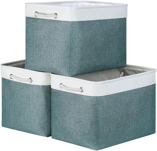 Bidtakay Large Storage Baskets for Shelves 3 Pack Fabric Storage Bins for Organizing Linen Collapsible Organizer for Closet-Deep Green