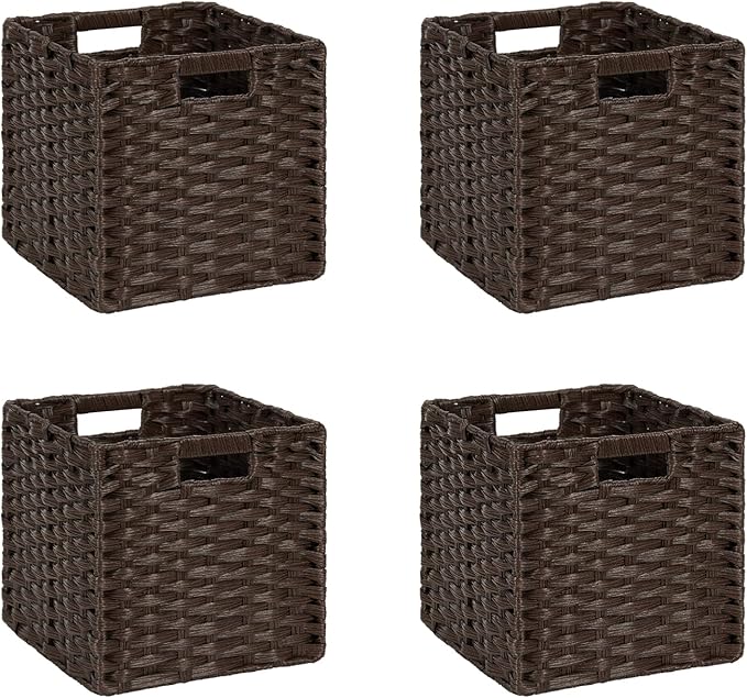 DULLEMELO Wicker Storage Baskets 11x11 Cube Storage Bins for Organizing Plastic Woven Baskets Set of 4 Waterproof Wowen Storage Cube Organizer for Pantry Closet Set of 4 - Deep Coffee