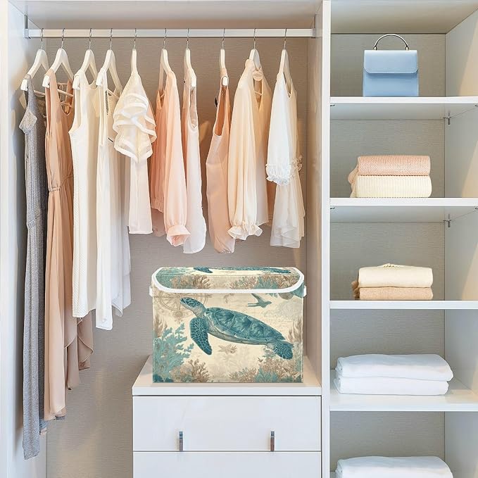 Retro Sea Turtle Compass Collapsible Storage Bins with Lids Decorative Fabric Cubes Closet Organizer Basket Boxes Containers for Clothes Box Chest Folding Rectangle