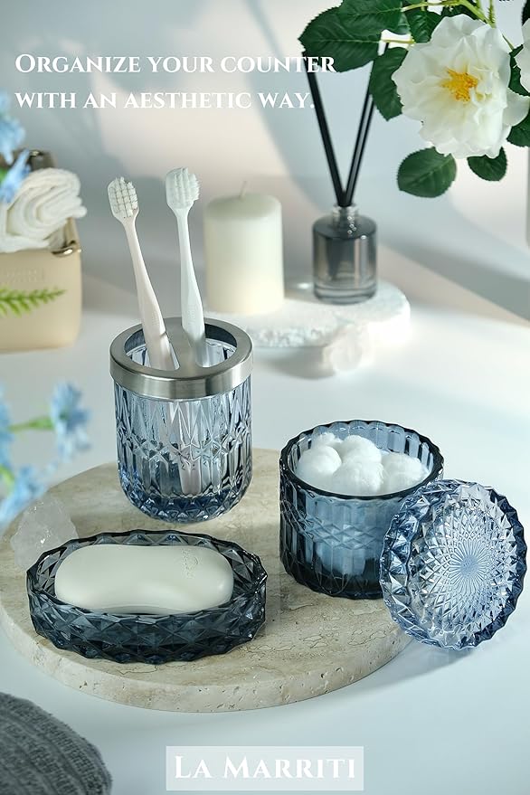 Blue Bathroom Accessories Set, 4Pcs Clear Glass Bathroom Decor Set, Lotion Soap Dispenser, Toothbrush Holder, Qtips Holder, Soap Dish for Crystal Modern Bath Decor, Gift Set