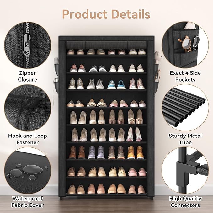 Shoe Rack with Covers - 10 Tiers Tall Shoe Rack Organizer Large Capacity Shoe Shelf Storage 40 Pairs Space Saving Vertical Shoe Storage Organizer for Closet, Entryway, Dorm, Bedroom