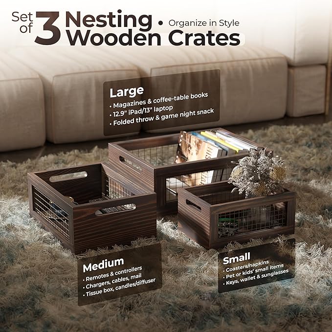 Set of 3 Extra Large Wooden Nesting Countertop Baskets, Rustic Wood Storage Organizer for Kitchen, Pantry or Bathroom – Fruit, Vegetables, Bread Crates with Handles (Largest 16")