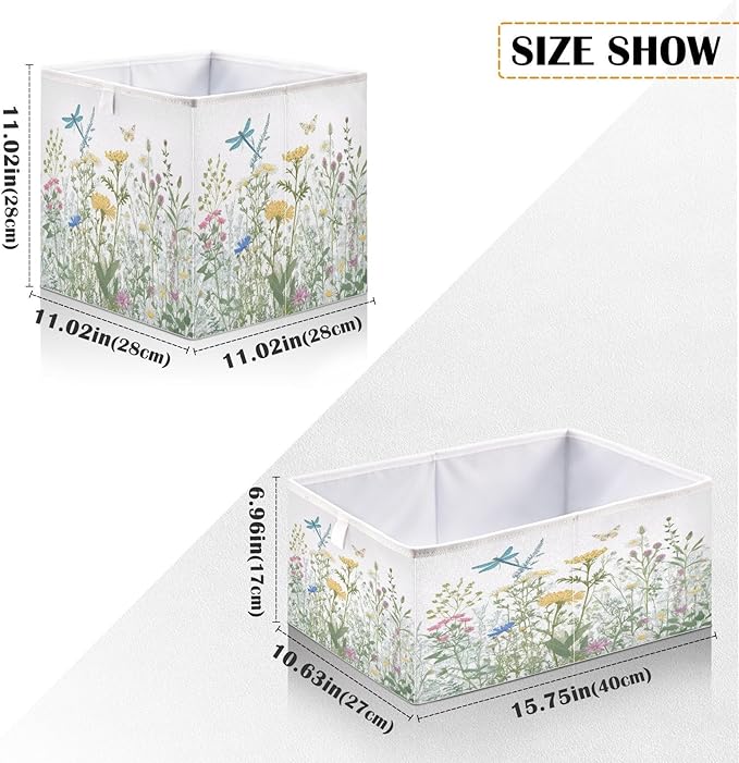 Blueangle Colorful Herbs and Flowers Cube Storage Bin, 11 x 11 x 11 in, Large Collapsible Organizer Storage Basket for Home Décor