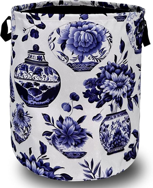 Blue White Floral Laundry Basket Foldable With Handles Vase Flower Tote Bag Oxford Cloth Color Laundry Hamper Clothes Storage Bucket Toy Organizer For Bathroom/Laundry/Bedroom 18.9"x16.5 "