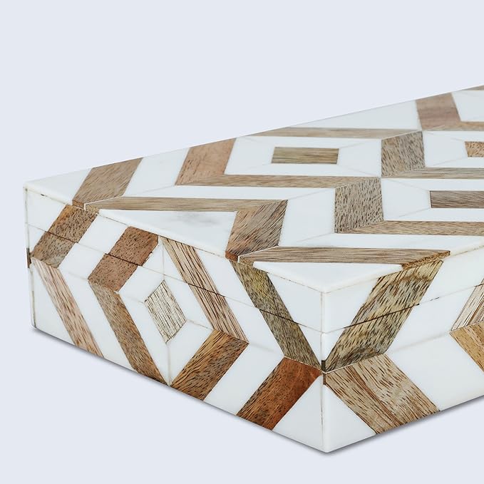 Handicrafts Home White Decorative Box with Lid– Marquet Resin Inlay & Wood Decorative Boxes for Home Decor, Decor, Storage Box for Jewellery & Keys White Brown Neutral Decorative Storage Box- 12x6x2