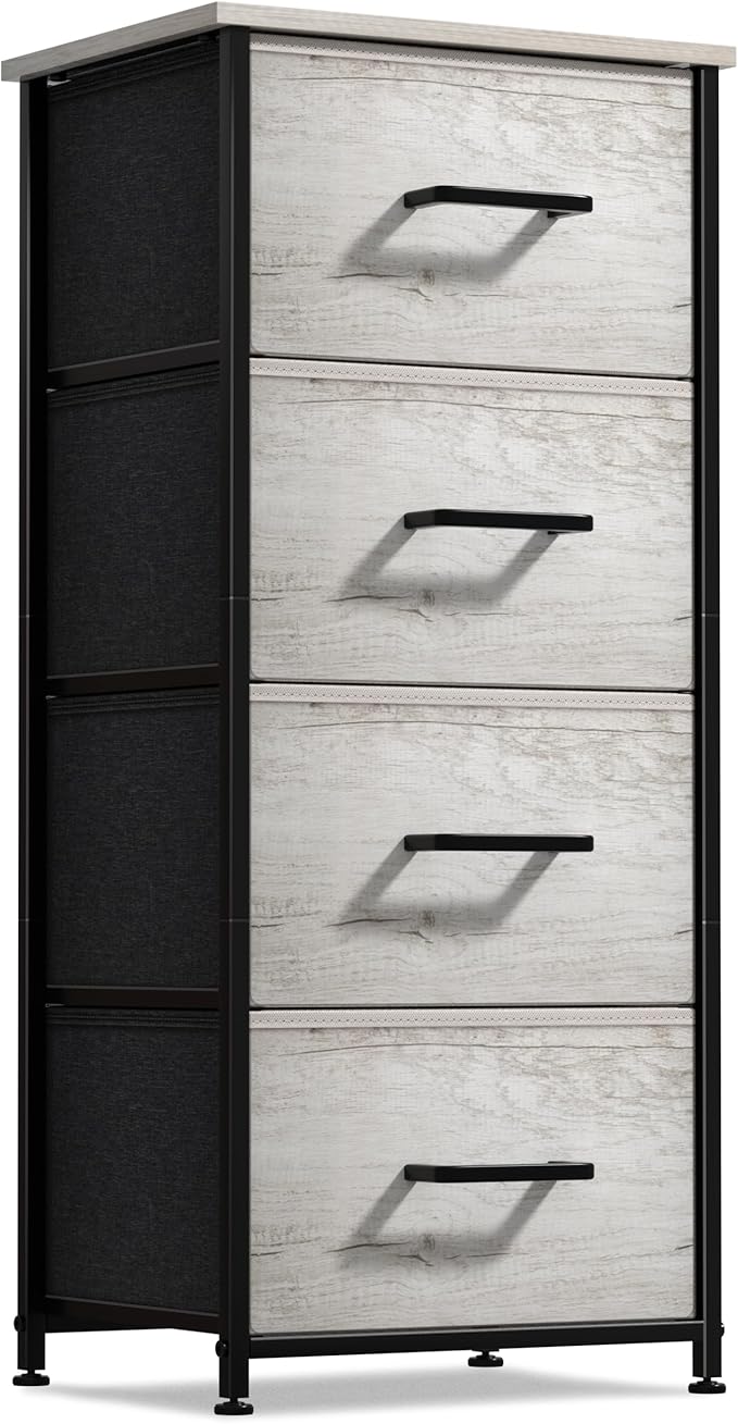 Sorbus Nightstand Dresser with 4 Faux Wood Drawers â Tall Bedside Table Chest with Storage, Steel Frame, Wood Top, Easy Pull Fabric Bins for Bedroom, Living Room, Closet & Dorm Furniture Lamp Stand