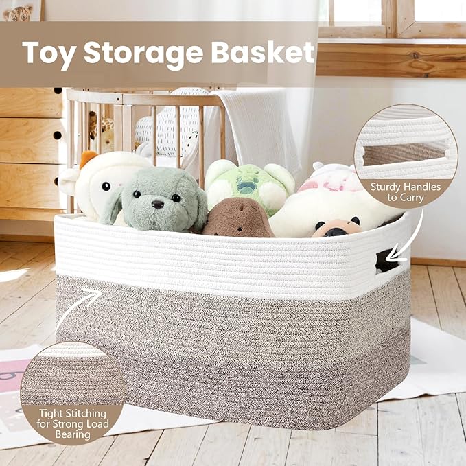 95L Blanket Basket, Large Woven Baskets for Storage, Blanket Storage for Living Room, Rope Basket with Handles for Bedroom, Nursery, Toys, Clothes, 24â x 17â x 13.5â, White & Brown