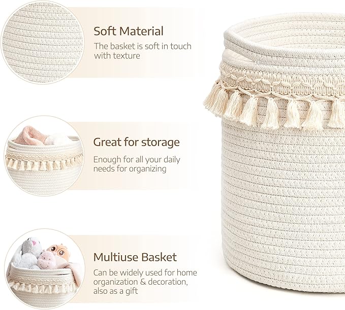 Mkono Macrame Decorative Cotton Rope Basket Boho Nursery Decor Cute Woven Tassel Closet Storage Bins Organizer for Baby Toys,Diaper, Blankets,Magazine,Potted Plants Cover,Living Room,Bedroom, 15"x14"