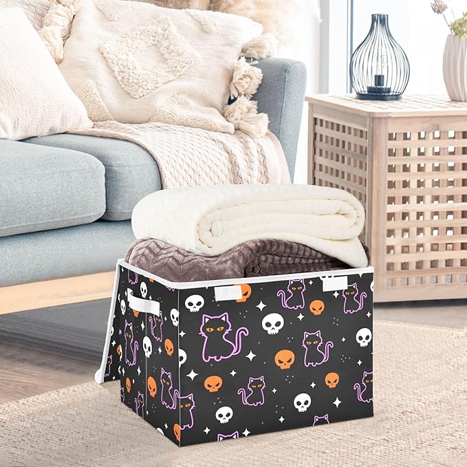 senya Halloween Storage Baskets Collapsible Storage Bins with Lids, Halloween Colored Skulls Black Cat Storage Boxes Clothes Baskets for Organizing