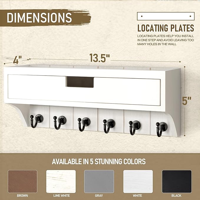 Rebee Vision Decorative Pine Wood Key Holder Wall Mount with Drawer Organizer - Mail Organizer with 6 Key Hooks - Stylish Wall Shelf for Apartment Essentials (Modern White)