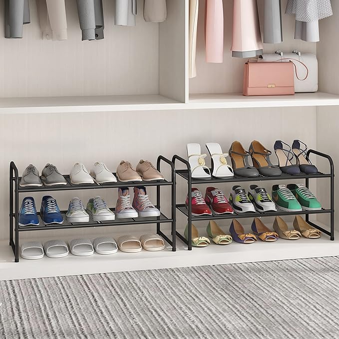 Simple Trending 2-Tier Stackable Shoe Rack, Metal Shoe Shelf Storage Organizer, Black