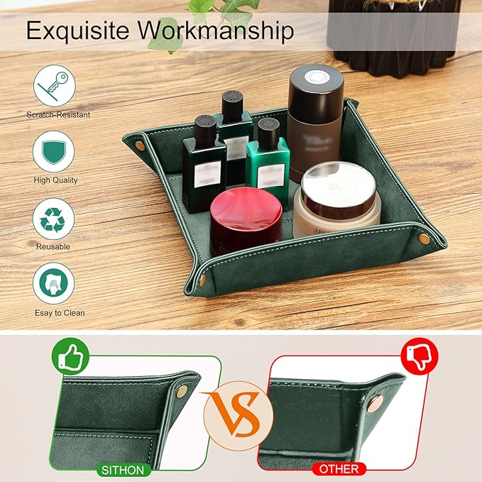 SITHON Valet Tray Desktop Storage Organizer â Premium PU Leather Catchall Bedside Vanity Tray Nightstand Caddy Holder for Keys, Phone, Wallet, Coin, Valentine's Day Gift, Dark Green