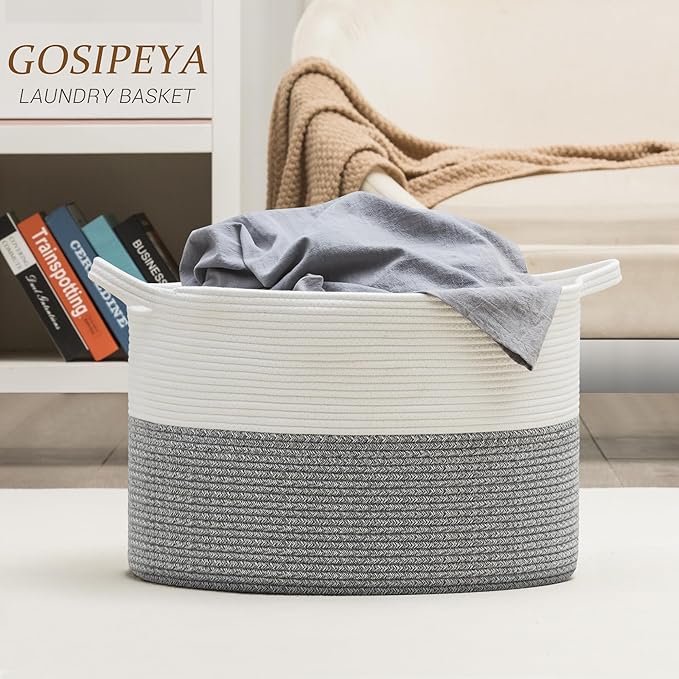 XXXLarge Woven Cotton Rope Basket (21.7" x 13.8") 90L – Blanket Basket for Living Room, Laundry Hamper, Baby Laundry Hamper, Toy Storage, Pillows & Cushions Organizer (White&Grey)