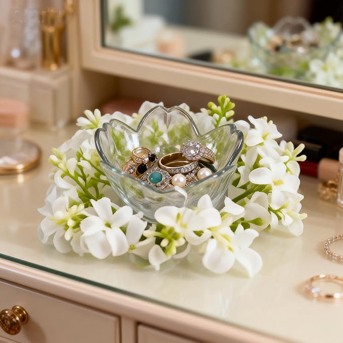 Mini Flower Ring Plate Jewelry Storage Tray Ring Holder for Dressing Table, Bedside Table, Room Bathroom Decoration, Cute Valentine's Day Christmas Birthday Gift for Women (white flower)