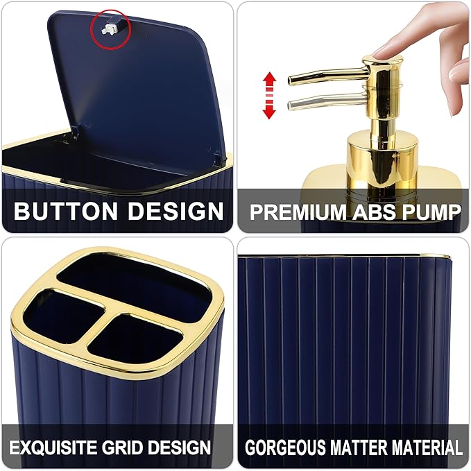 Bathroom Accessories Set - Gorgeous Bathroom Set, 10PC Navy Blue Bathroom Accessory Set, Toilet Brush, Trash Can, Qtip Holder & Soap Dispenser
