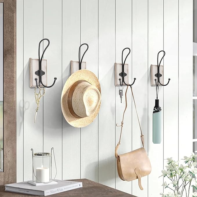 Wall Hooks for Hanging, 4 Pack Farmhouse Towel Hooks for Bathrooms, Hat Hangers,Coat Hooks,Wall Coat Rack for Robe Keys Purse(Weathered White)
