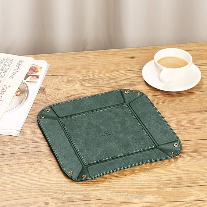 SITHON Valet Tray Desktop Storage Organizer â Premium PU Leather Catchall Bedside Vanity Tray Nightstand Caddy Holder for Keys, Phone, Wallet, Coin, Valentine's Day Gift, Dark Green