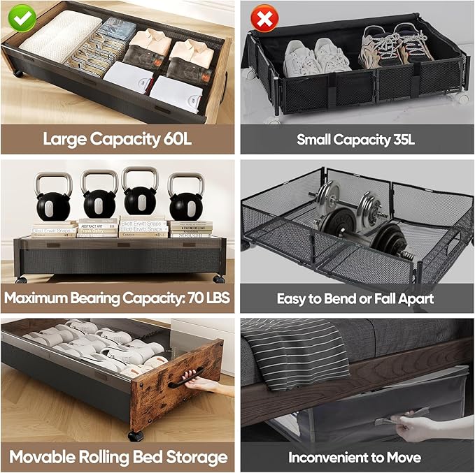 Under Bed Storage with Wheels, Rolling Underbed Storage Drawers, Wooden Under the Bed Storage with Remove Lid, Large Metal Storage Bins for Shoes Blankets Clothes Bedrooms Dorms (Vintage Brown-2pack)