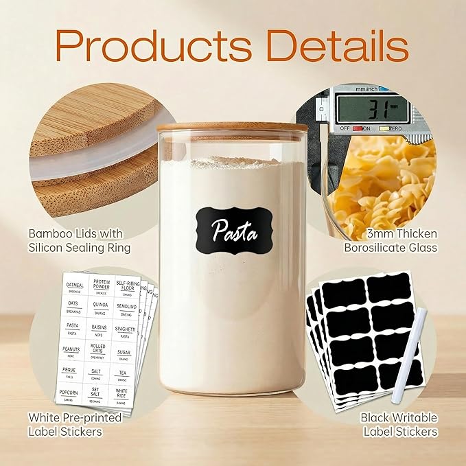 Glass Jars with Bamboo Lids 28 floz [Set of 8], Glass Canisters with Airtight Lids, Glass Food Storage Containers for Pasta, Oats, Coffee, Flour, Sugar, Rice, Best for Kitchen & Pantry