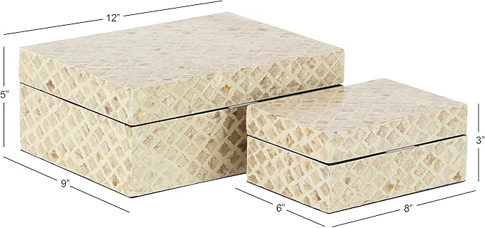 Deco 79 Mother of Pearl Shell Handmade Decorative Box Decorative Keepsake Boxes with Hinged Lid, Set of 2 Storage Boxes 12", 8"W, Cream